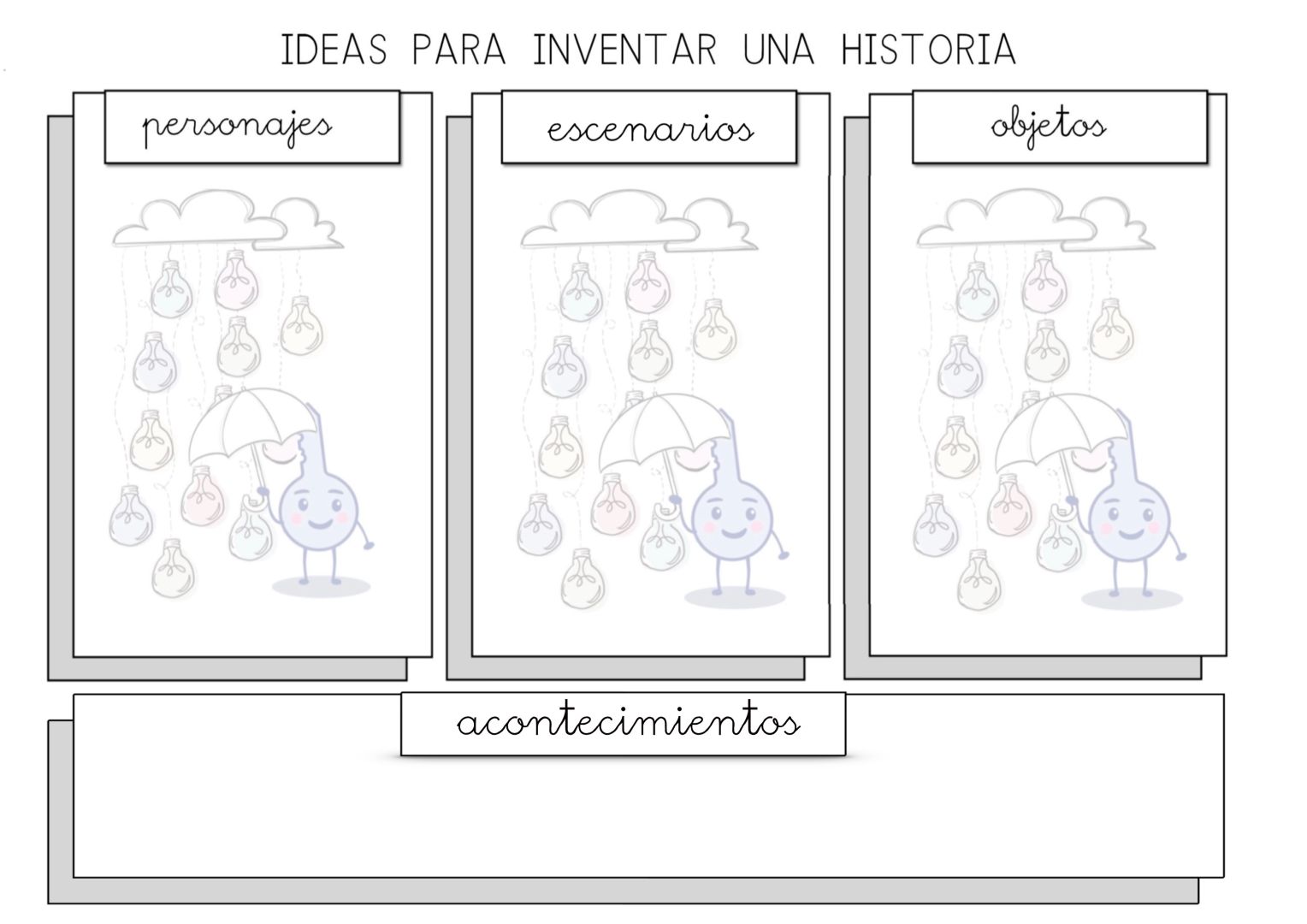 Hay cuatro casillas, en una pone personajes, en otra escenarios, en otra objetos y en otra acontecimientos. De fondo, Lumen tiene un paraguas sobre su mano y caen sobre ella bombillas de colores