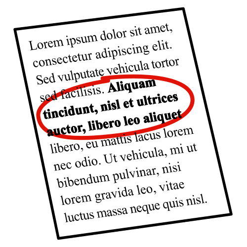 Imagen donde se ve un folio escrito y rodeada con una línea rojas unas palabras en letras negras remarcadas. 