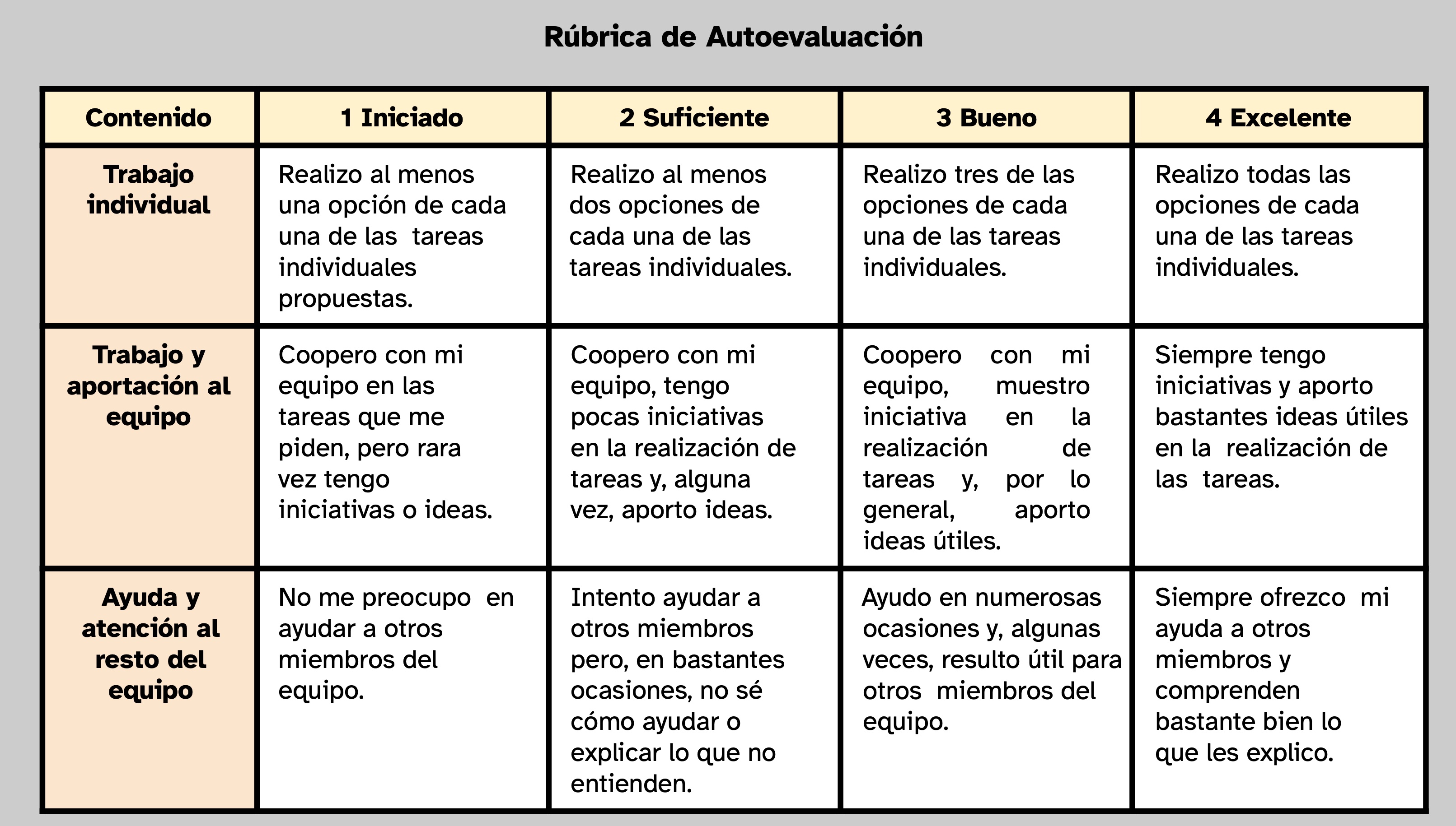 Una hoja de papel, con diferentes casillas con frases evaluadoras de distintos niveles y colores.