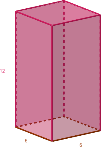 Prisma cuadrangular de lado 6 centímetros y altura 12