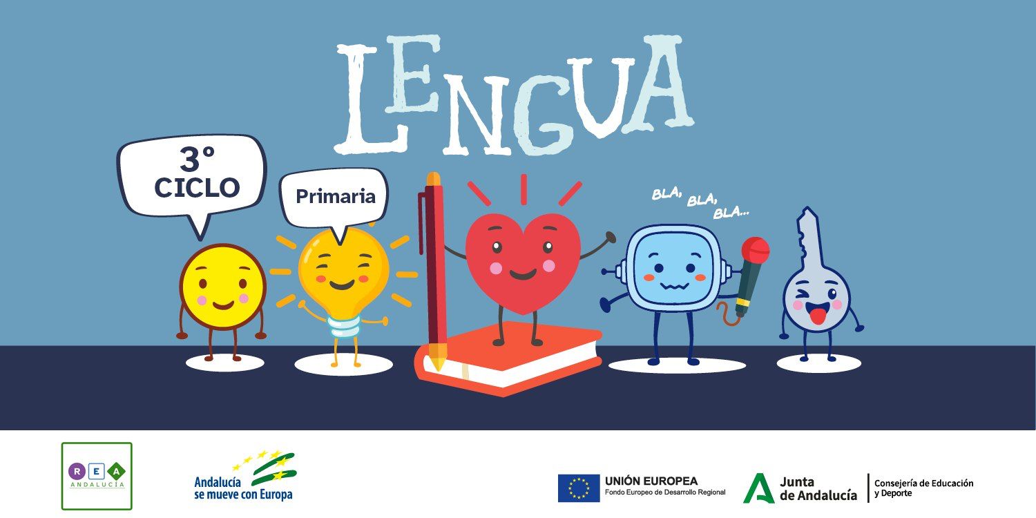 Imagen de portada con la pandilla REA y el texto 'Lengua 3º Primaria'